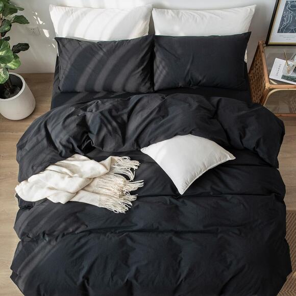 MooMee Bedding Duvet Cover Set 100% Washed Cotton Twill Linen Like Black Queen - Picture 4 of 7